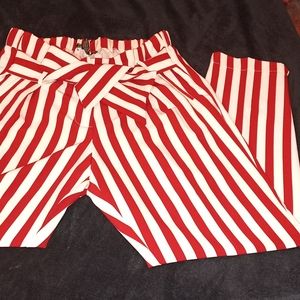 Red white striped elastic waist and tie front.